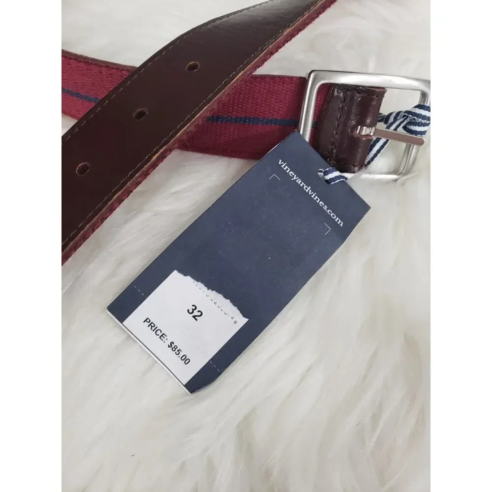 NEW‎ Sz 32 Vineyard Vines Leather Canvas Webbing REVERSIBLE Belt Navy Blue Brown